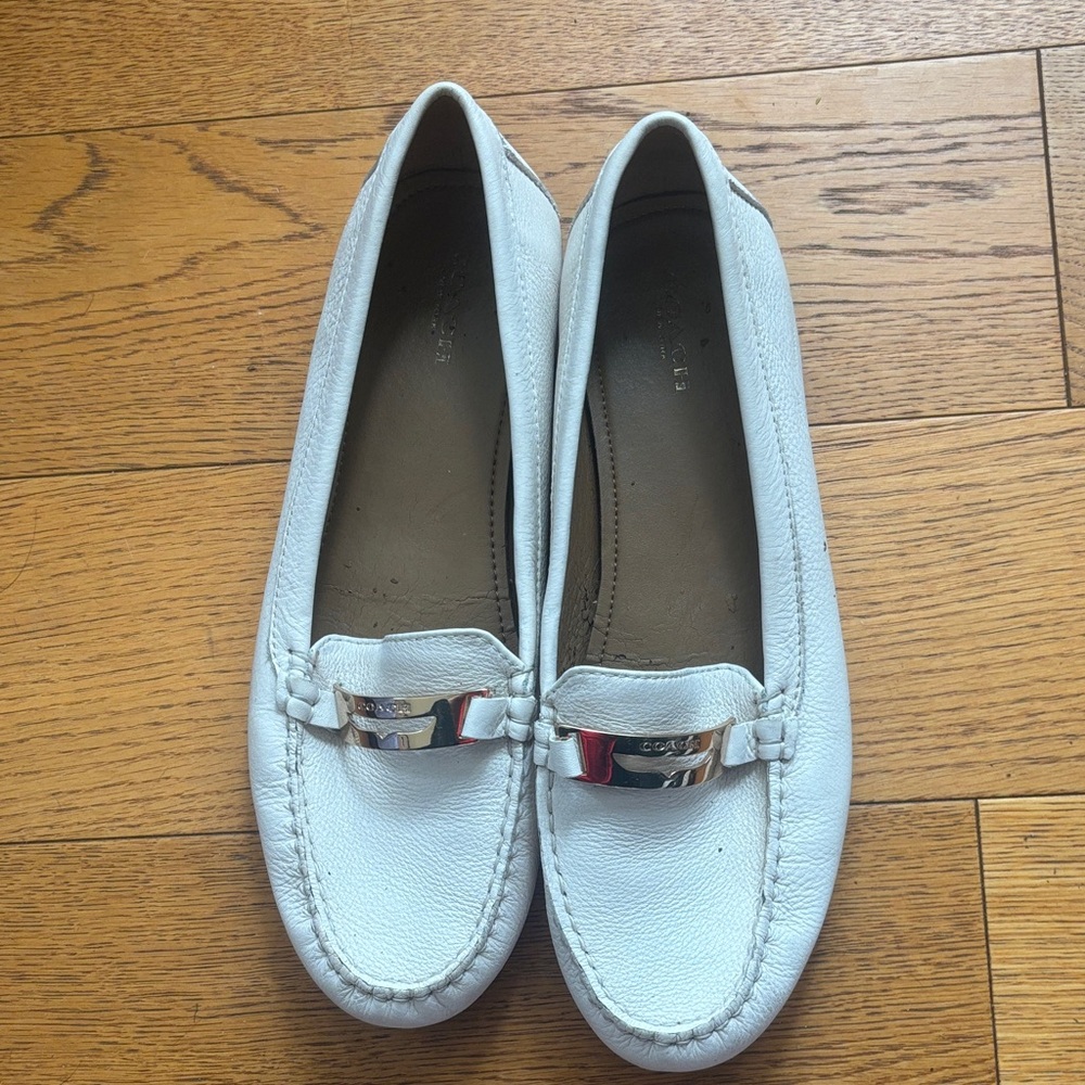 Coach White Leather Women's Driving Loafers with Silver Accent